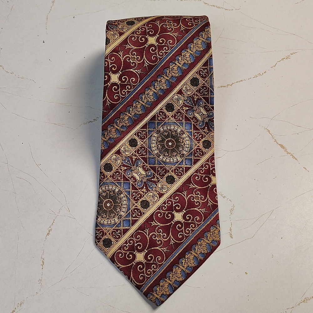 Bill Blass 100% Silk Neck Tie Vintage Ornamental Print Burgundy Blue Tan